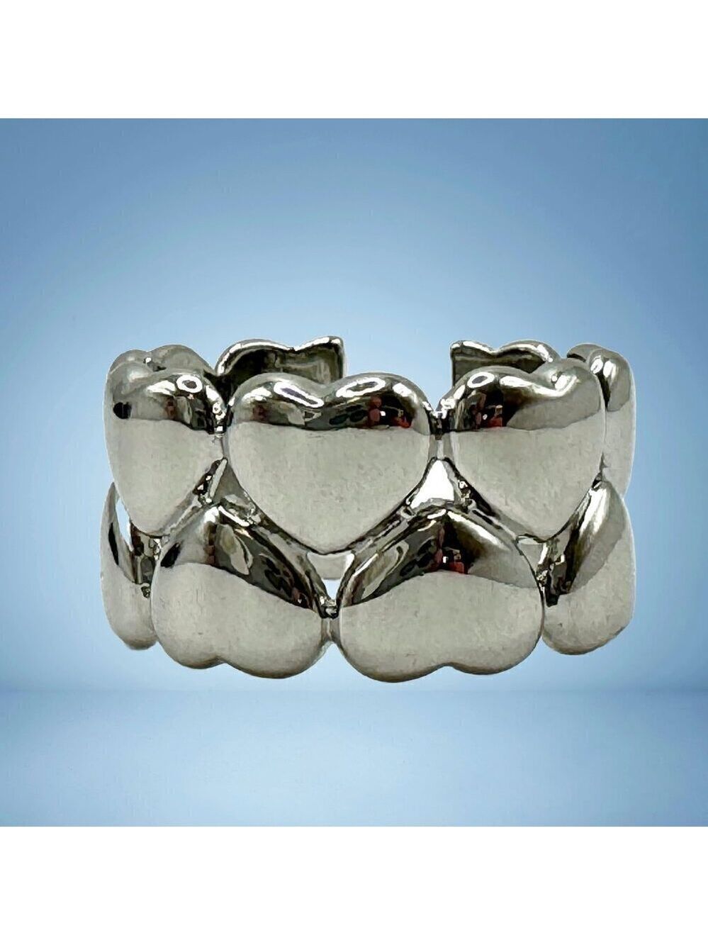 Sterling Silver 925 Adjustable Double Hearts Band Ring #1446